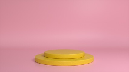 Yellow podium and minimal abstract pink background. Blank showcase mockup with empty round stage. Abstract geometry shape background. Stage for advertising product display with copy space. 3d render