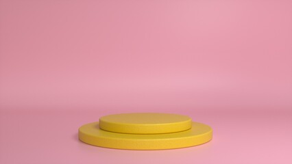 Yellow podium and minimal abstract pink background. Blank showcase mockup with empty round stage. Abstract geometry shape background. Stage for advertising product display with copy space. 3d render
