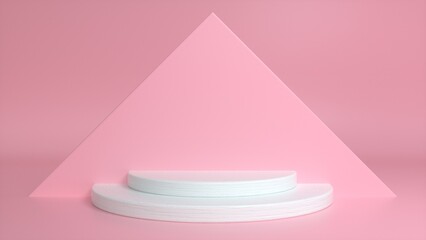 White podium on a pink abstract triangular background. Blank showcase mockup with empty round stage. Abstract geometry background. Stage for advertising product display with copy space. 3d render