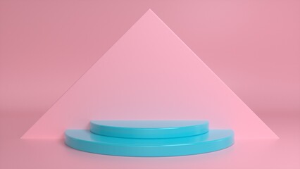 Blue podium on a pink abstract triangular background. Blank showcase mockup with empty round stage. Abstract geometry background. Stage for advertising product display with copy space. 3d render