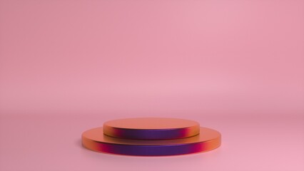 Colorful podium and minimal abstract pink background. Blank showcase mockup with empty round stage. Abstract geometry shape background. Stage for advertising product display with copy space. 3d render