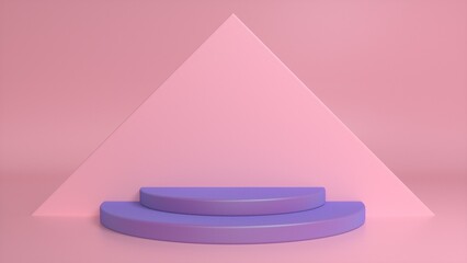 Purple podium on a pink abstract triangular background. Blank showcase mockup with empty round stage. Abstract geometry background. Stage for advertising product display with copy space. 3d render