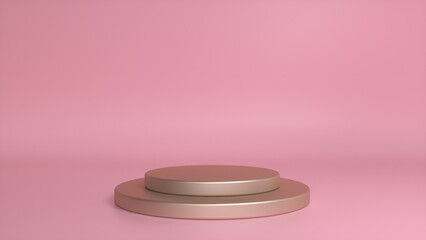 Chrome glossy podium and abstract pink background. Blank showcase mockup with empty round stage. Abstract geometry shape background. Stage for advertising product display with copy space. 3d render
