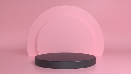 Rough black glossy podium, pedestal on a pink background. Blank showcase mockup with empty round stage. Abstract geometry background. Stage for advertising product display with copy space. 3d render