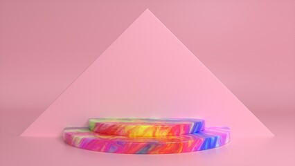 Colorful podium on a pink abstract triangular background. Blank showcase mockup with empty round stage. Abstract geometry background. Stage for advertising product display with copy space. 3d render