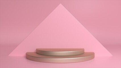 Chrome glossy podium on a pink triangular background. Blank showcase mockup with empty round stage. Abstract geometry background. Stage for advertising product display with copy space. 3d render