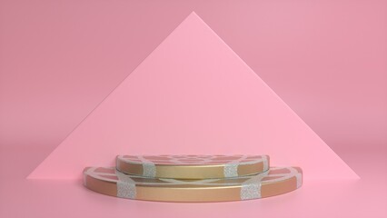 Golden patterned podium on a pink triangular background. Blank showcase mockup with empty round stage. Abstract geometry background. Stage for advertising product display with copy space. 3d render