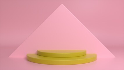 Yellow podium on a pink abstract triangular background. Blank showcase mockup with empty round stage. Abstract geometry background. Stage for advertising product display with copy space. 3d render
