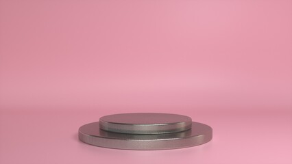 Rough metal podium and abstract pink background. Blank showcase mockup with empty round stage. Abstract geometry shape background. Stage for advertising product display with copy space. 3d render