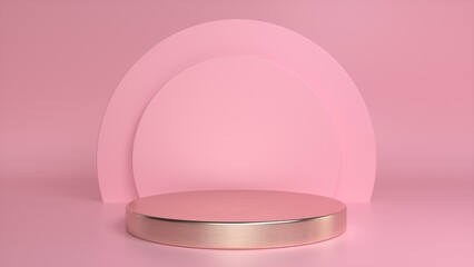 Golden podium, pedestal on a pink background. Blank showcase mockup with empty round stage. Abstract geometry background. Stage for advertising product display with copy space. 3d render