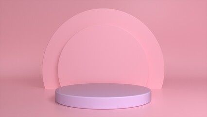 Purple glossy podium, pedestal on a pink background. Blank showcase mockup with empty round stage. Abstract geometry background. Stage for advertising product display with copy space. 3d render