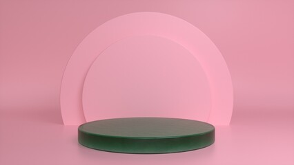 Green glossy podium, pedestal on a pink background. Blank showcase mockup with empty round stage. Abstract geometry background. Stage for advertising product display with copy space. 3d render