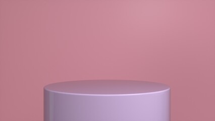 Purple glossy podium, pedestal on a pink background. Blank showcase mockup with empty round stage. Abstract geometry shape background. Stage for advertising product display with copy space. 3d render