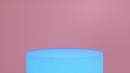 Glow blue podium, pedestal on a pink background. Blank showcase mockup with empty round stage. Abstract geometry shape background. Stage for advertising product display with copy space. 3d render