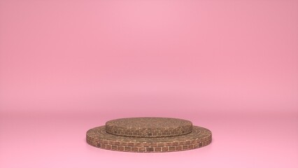 Brick podium, pedestal on pink background. Blank showcase mockup with empty round stage. Abstract geometry shape background. Stage for advertising product display with copy space. 3d render