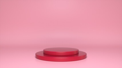 Red glossy podium, pedestal on pink background. Blank showcase mockup with empty round stage. Abstract geometry shape background. Stage for advertising product display with copy space. 3d render