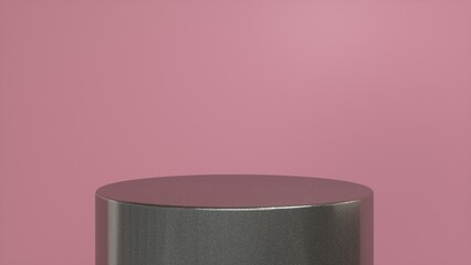 Rough metal podium, pedestal on pink background. Blank showcase mockup with empty round stage. Abstract geometry shape background. Stage for advertising product display with copy space. 3d render