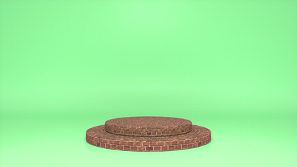 Brick podium, pedestal on green background. Blank showcase mockup with empty round stage. Abstract geometry shape background. Stage for advertising product display with copy space. 3d render