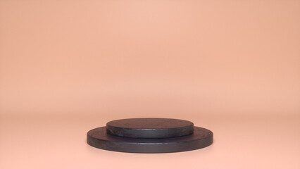 Black glossy podium, pedestal on pink background. Blank showcase mockup with empty round stage. Abstract geometry shape background. Stage for advertising product display with copy space. 3d render