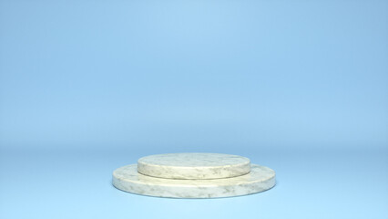 Marble podium, pedestal on blue background. Blank showcase mockup with empty round stage. Abstract geometry shape background. Stage for advertising product display with copy space. 3d render