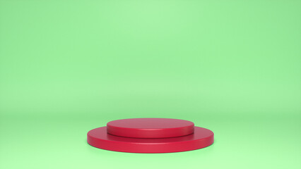 Red glossy podium, pedestal on green background. Blank showcase mockup with empty round stage. Abstract geometry shape background. Stage for advertising product display with copy space. 3d render