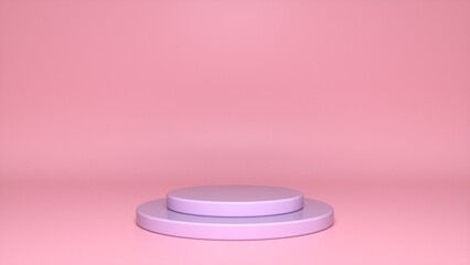 Purple glossy podium, pedestal on pink background. Blank showcase mockup with empty round stage. Abstract geometry shape background. Stage for advertising product display with copy space. 3d render