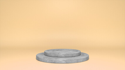 Stone podium, pedestal on yellow background. Blank showcase mockup with empty round stage. Abstract geometry shape background. Stage for advertising product display with copy space. 3d render