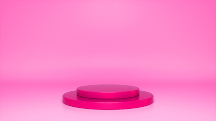 Pink glossy podium, pedestal on pink background. Blank showcase mockup with empty round stage. Abstract geometry shape background. Stage for advertising product display with copy space. 3d render