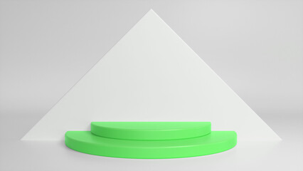 Green glossy podium on white abstract triangular background. Blank showcase mockup with empty round stage. Geometry background. Stage for advertising product display with copy space. 3d render