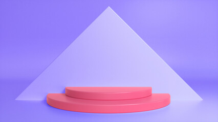 Pink glossy podium on purple abstract triangular background. Blank showcase mockup with empty round stage. Geometry background. Stage for advertising product display with copy space. 3d render