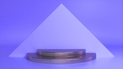 Chrome glossy podium on purple abstract triangular background. Blank showcase mockup with empty round stage. Geometry background. Stage for advertising product display with copy space. 3d render
