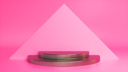 Colorful glossy podium on pink abstract triangular background. Blank showcase mockup with empty round stage. Geometry background. Stage for advertising product display with copy space. 3d render