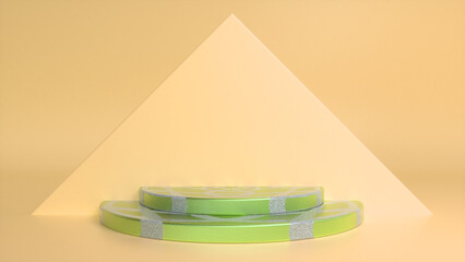 Striped glossy podium on yellow abstract triangular background. Blank showcase mockup with empty round stage. Geometry background. Stage for advertising product display with copy space. 3d render