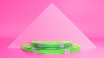 Green striped podium on pink abstract triangular background. Blank showcase mockup with empty round stage. Geometry background. Stage for advertising product display with copy space. 3d render