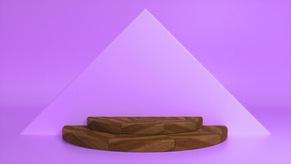 Wooden parquet podium on purple abstract triangular background. Blank showcase mockup with empty round stage. Geometry background. Stage for advertising product display with copy space. 3d render