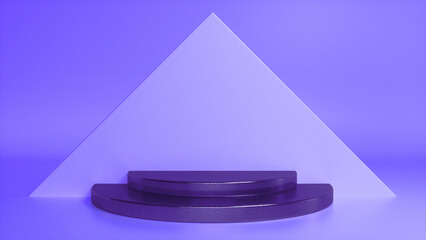 Chrome glossy podium on purple abstract triangular background. Blank showcase mockup with empty round stage. Geometry background. Stage for advertising product display with copy space. 3d render