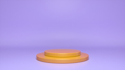 Orange glossy podium, pedestal on purple background. Blank showcase mockup with empty round stage. Abstract geometry shape background. Stage for advertising product display with copy space. 3d render