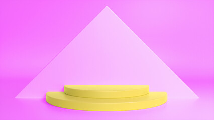 Yellow glossy podium on pink abstract triangular background. Blank showcase mockup with empty round stage. Geometry background. Stage for advertising product display with copy space. 3d render