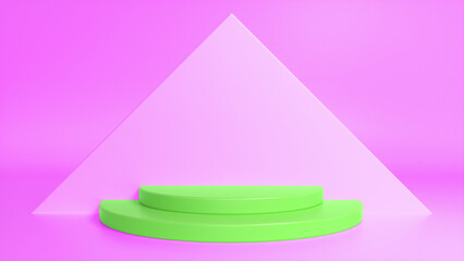 Green glossy podium on pink abstract triangular background. Blank showcase mockup with empty round stage. Geometry background. Stage for advertising product display with copy space. 3d render