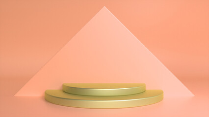 Golden glossy podium on orange abstract triangular background. Blank showcase mockup with empty round stage. Geometry background. Stage for advertising product display with copy space. 3d render