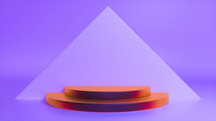 Colorful glossy podium on purple abstract triangular background. Blank showcase mockup with empty round stage. Geometry background. Stage for advertising product display with copy space. 3d render