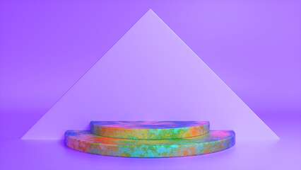 Colorful stone podium on purple abstract triangular background. Blank showcase mockup with empty round stage. Geometry background. Stage for advertising product display with copy space. 3d render