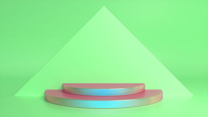 Colorful podium on green abstract triangular background. Blank showcase mockup with empty round stage. Geometry background. Stage for advertising product display with copy space. 3d render