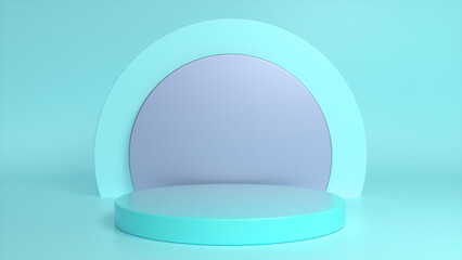 Blue glossy podium, pedestal on a blue background. Blank showcase mockup with empty round stage. Abstract geometry background. Stage for advertising product display with copy space. 3d render