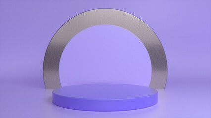 Purple glossy podium, pedestal on purple metal background. Blank showcase mockup with empty round stage. Abstract geometry background. Stage for advertising product display with copy space. 3d render