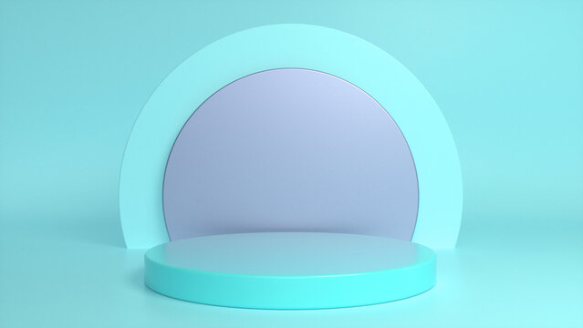 Blue glossy podium, pedestal on a blue background. Blank showcase mockup with empty round stage. Abstract geometry background. Stage for advertising product display with copy space. 3d render © MIKHAIL