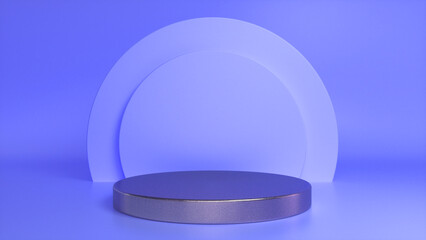 Rough metal podium, pedestal on purple background. Blank showcase mockup with empty round stage. Abstract geometry background. Stage for advertising product display with copy space. 3d render