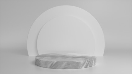 Marble glossy podium, pedestal on grey background. Blank showcase mockup with empty round stage. Abstract geometry background. Stage for advertising product display with copy space. 3d render