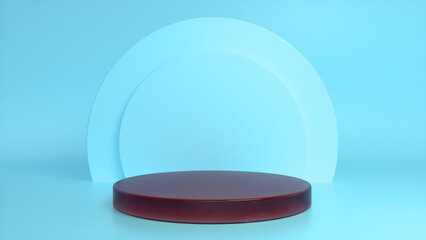 Red glossy podium, pedestal on blue background. Blank showcase mockup with empty round stage. Abstract geometry background. Stage for advertising product display with copy space. 3d render