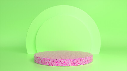 Pink rough stone podium, pedestal on green background. Blank showcase mockup with empty round stage. Abstract geometry background. Stage for advertising product display with copy space. 3d render